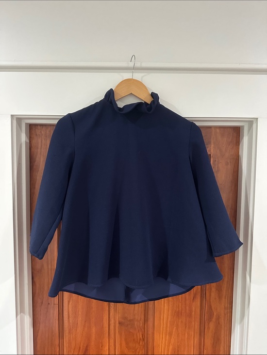 Pomander Place Tops - Pomander Place Navy Ruffled Neck Blouse